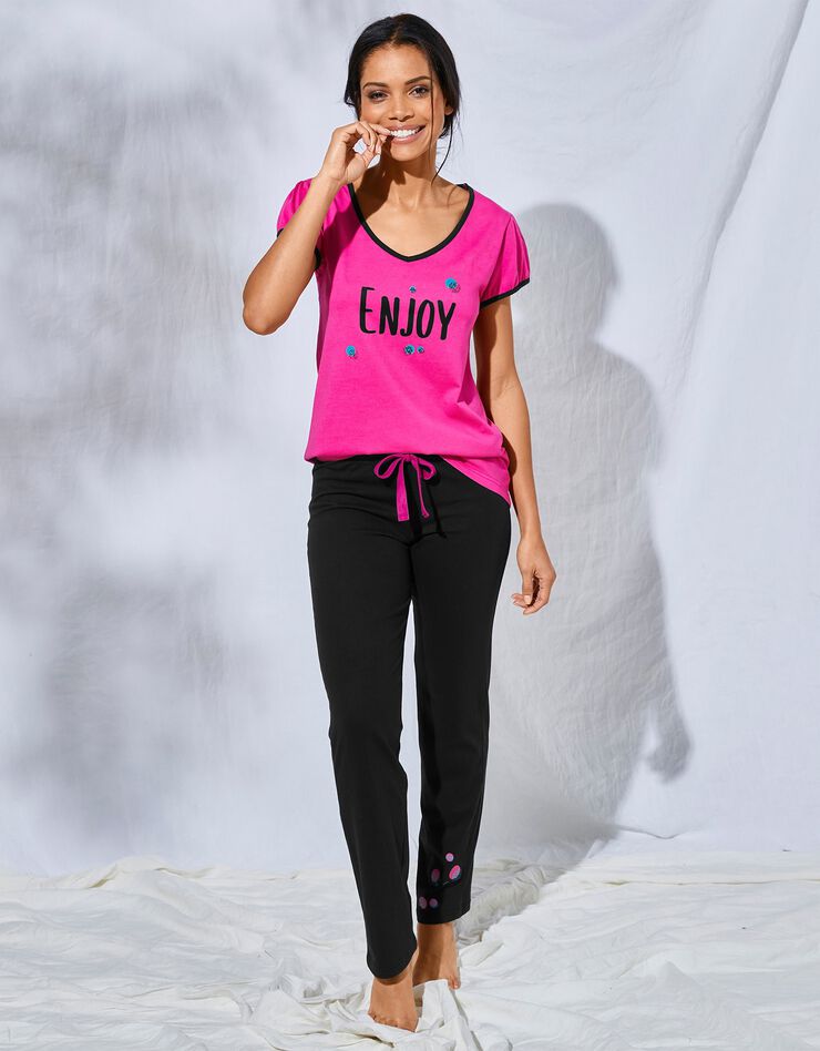 Tee-shirt manches courtes coton uni imprimé placé "Enjoy"  (fuchsia)
