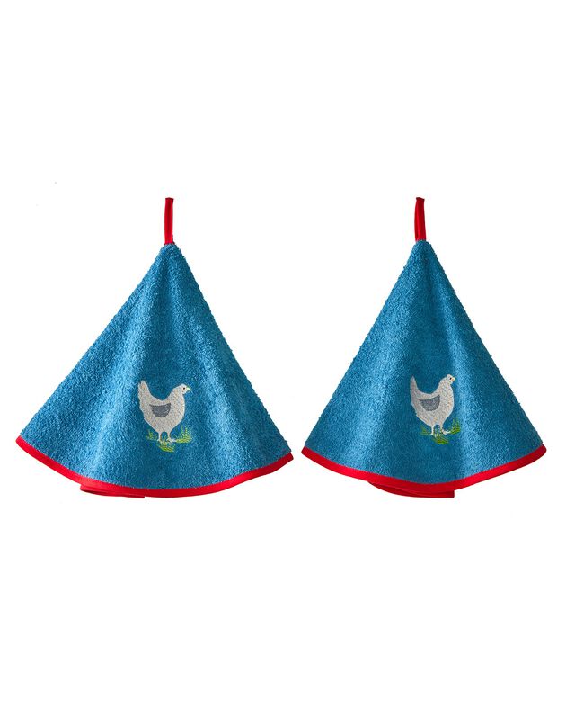 Torchons rond éponge brodée poule - lot de 2 (bleu)