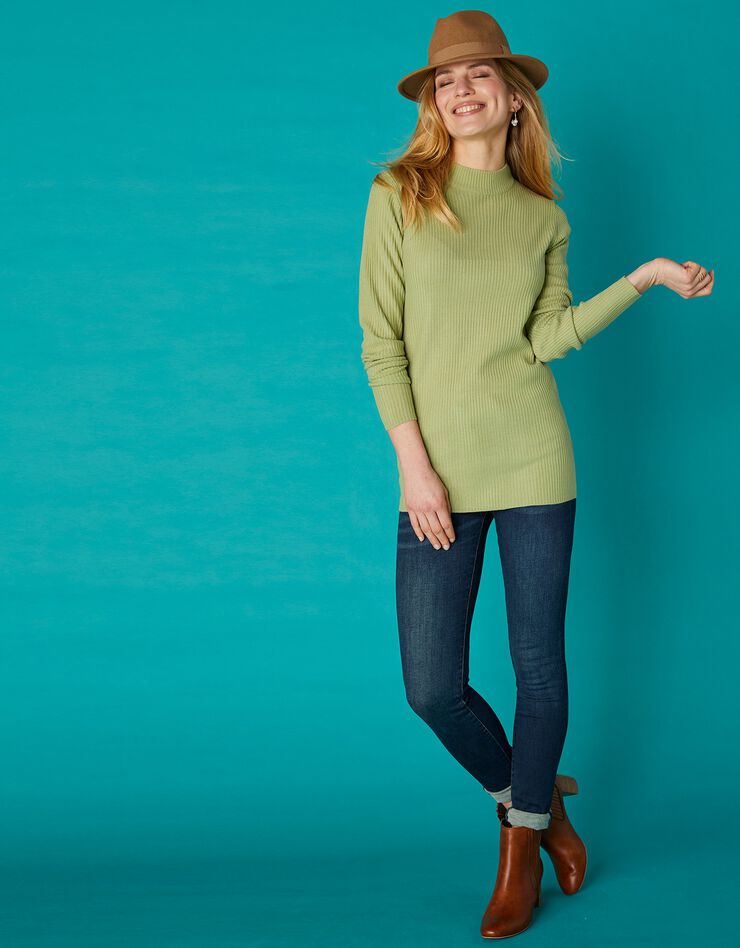Pull col montant long, maille côtelée (vert amande) Pull col montant long, maille côtelée (vert amande)
