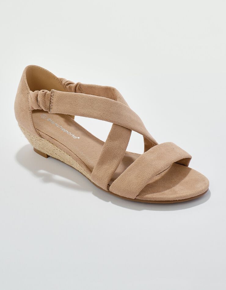 Sandales compensées élastiquées dessus effet suédine (beige) Sandales compensées élastiquées dessus effet suédine (beige)