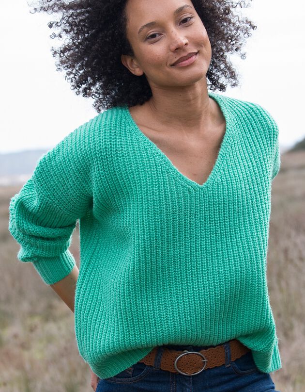 Pull col V volume loose, maille anglaise toucher mohair (vert émeraude)
