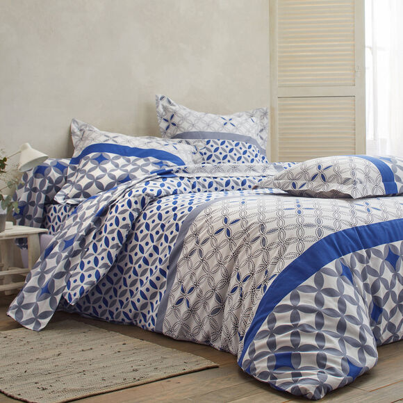 Linge de lit Marlow coton, imprimé géométrique (gris / bleu)