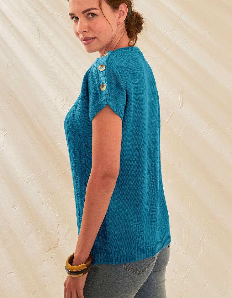 Pull torsadé toucher cachemire, manches courtes (bleu) Pull torsadé toucher cachemire, manches courtes (bleu)