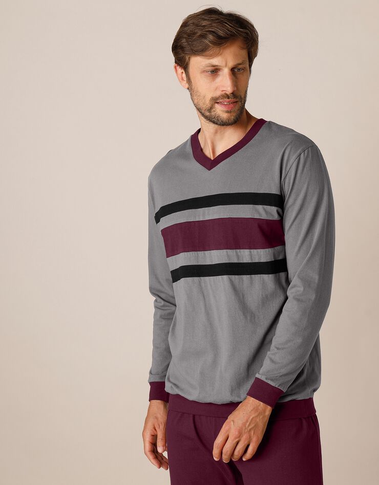 Pyjama long tricolore - lot de 2 (bordeaux / gris)