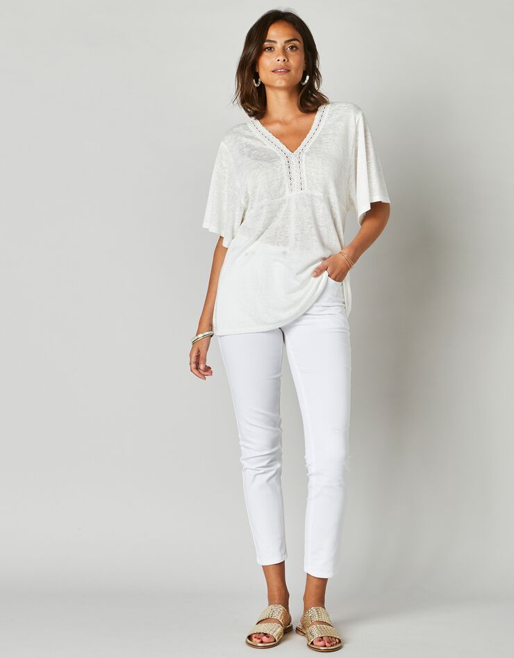 Tee-shirt col V macramé, effet lin (blanc) Tee-shirt col V macramé, effet lin (blanc)