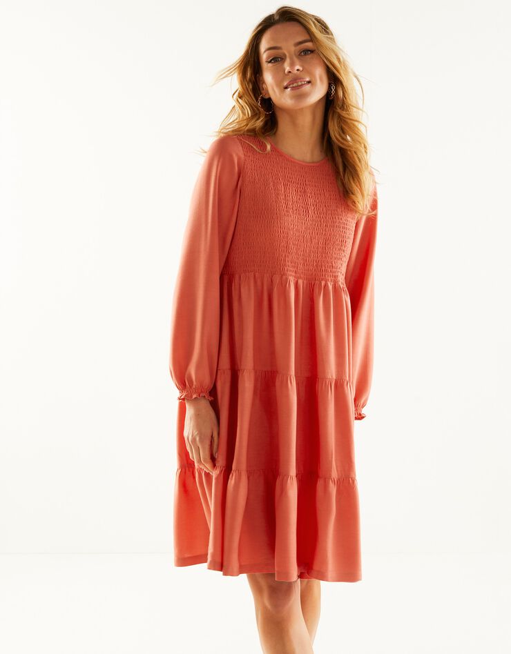 Robe smockée manches longues unie (paprika) Robe smockée manches longues unie (paprika)