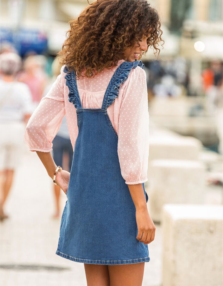 Robe salopette bretelles volantées en jean (stone)
