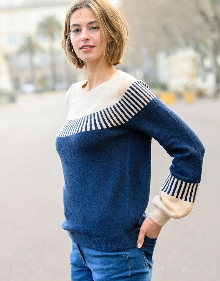 Pull jacquard rayé manches longues blousantes (indigo) Pull jacquard rayé manches longues blousantes (indigo)