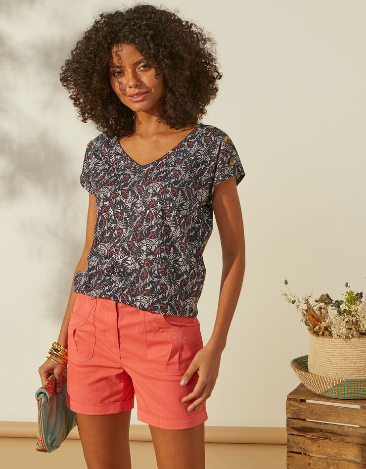 Tee-shirt imprimé col V, manches courtes et boutons sur épaules (marine) Tee-shirt imprimé col V, manches courtes et boutons sur épaules (marine)