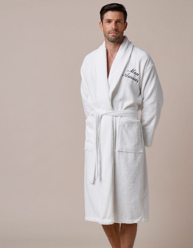 Peignoir mixte adulte éponge bouclette col châle personnalisable (blanc)