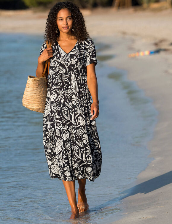 Robe longue imprimée col V, crépon (noir / blanc)