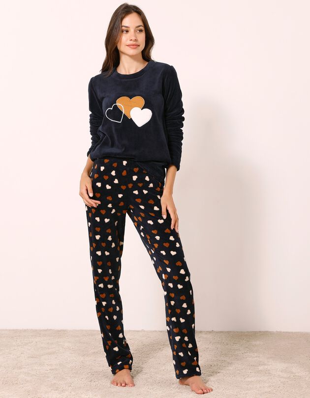 Pyjama "coeur" manches longues, maille polaire (marine / caramel)