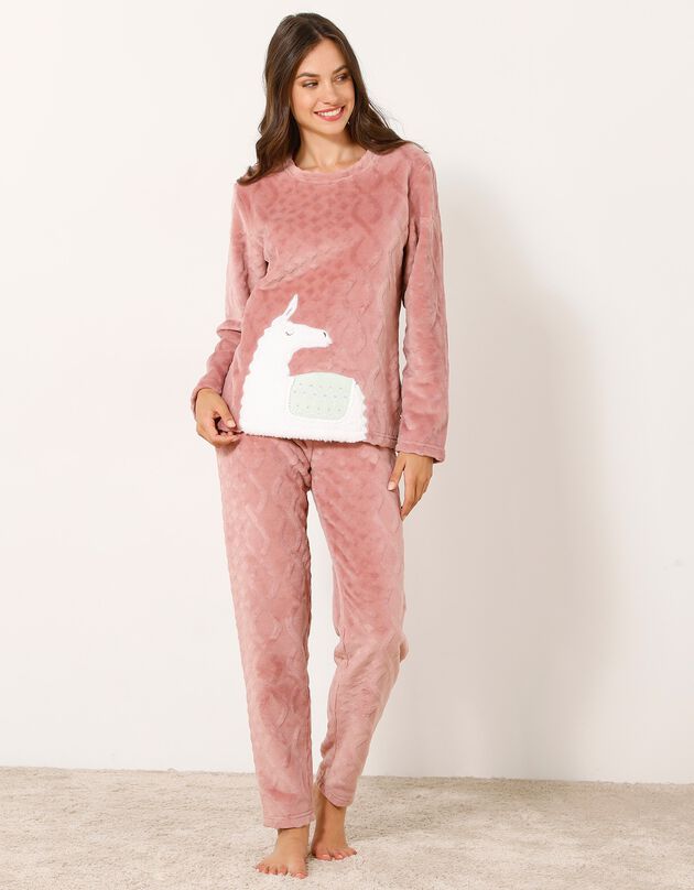 Pyjama lama pantalon maille polaire, toucher peluche (bois de rose)