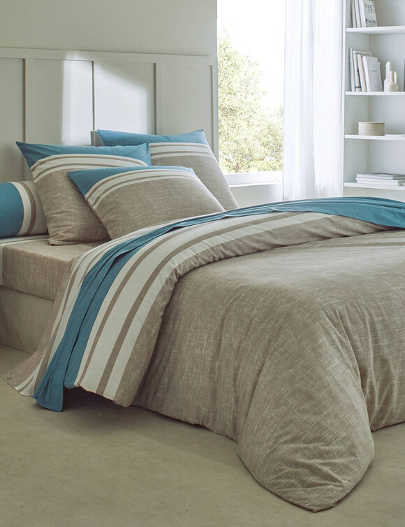Linge de lit Nathalie coton (bleu grisé / beige)