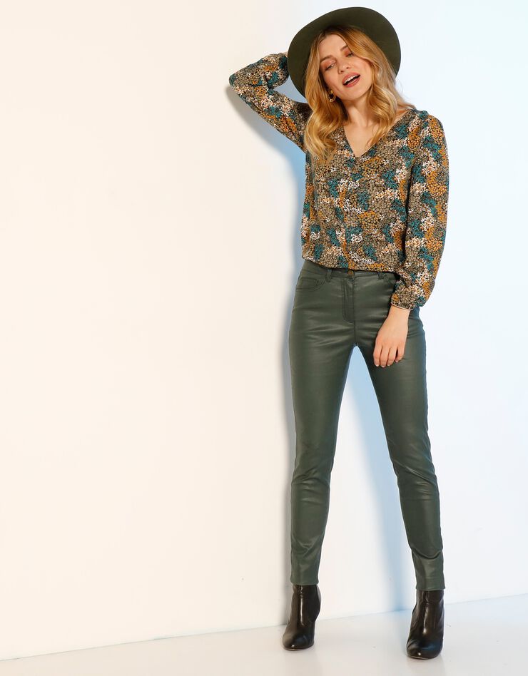 Blouse évasée détails dorés imprimé fleurs (kaki / safran) Blouse évasée détails dorés imprimé fleurs (kaki / safran)