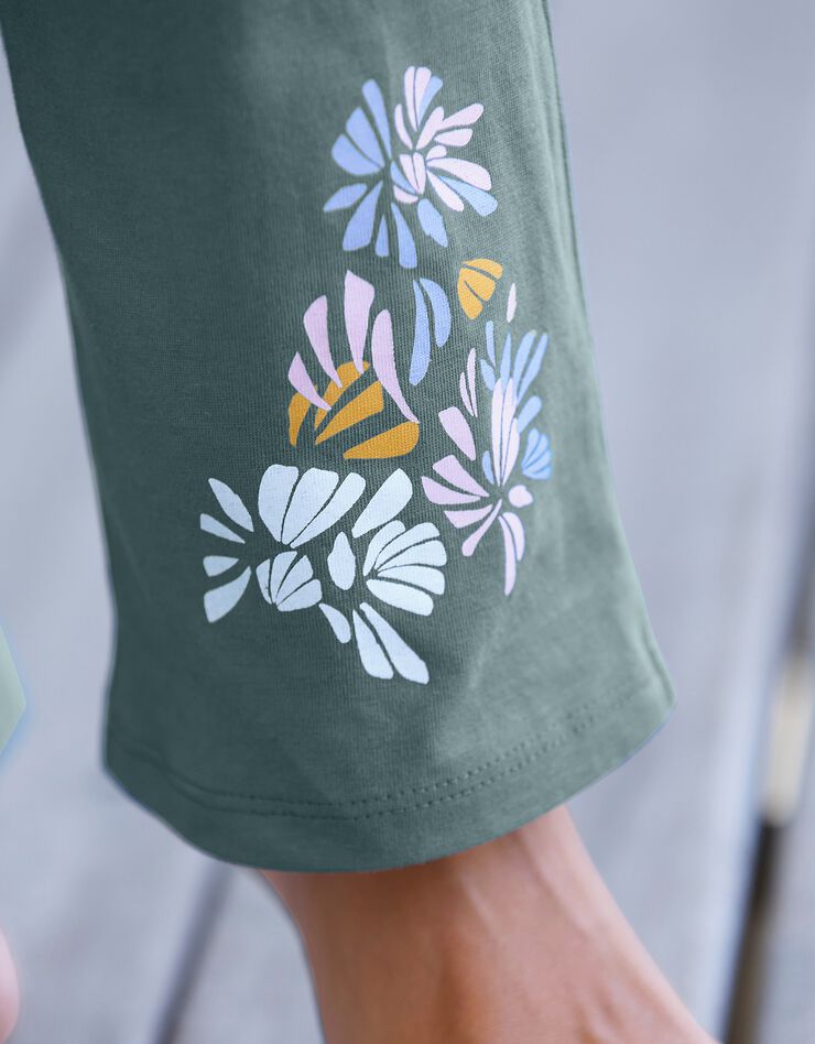 Pantalon pyjama coton imprimé placé "pétales" (vert sauge)