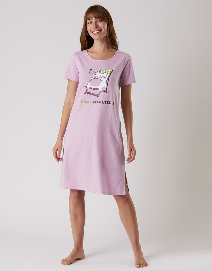 Chemise de nuit courte manches courtes – imprimé "Chat" (lilas)