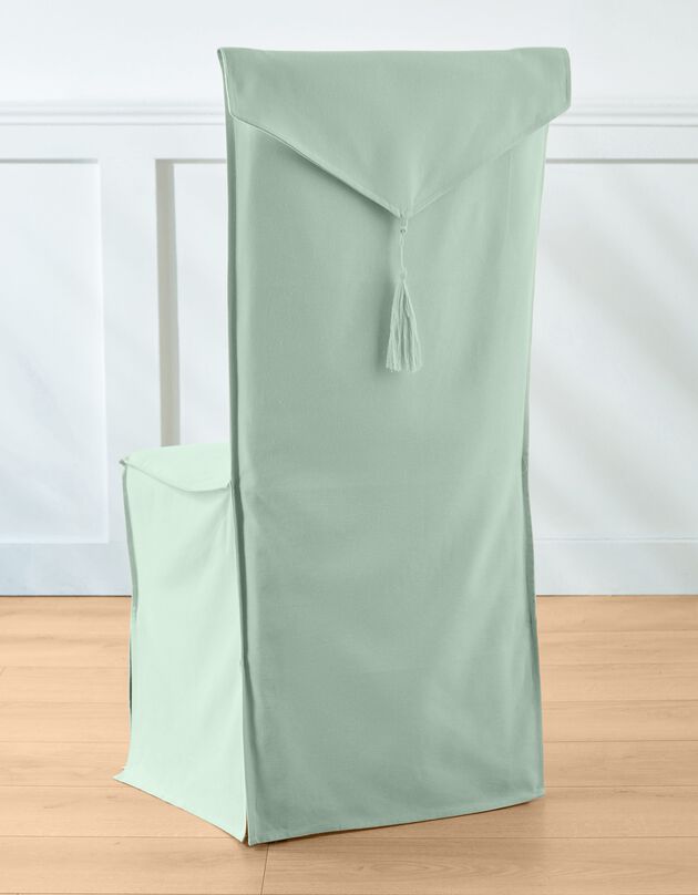 Housse de chaise unie coton bachette à pompon (vert amande)