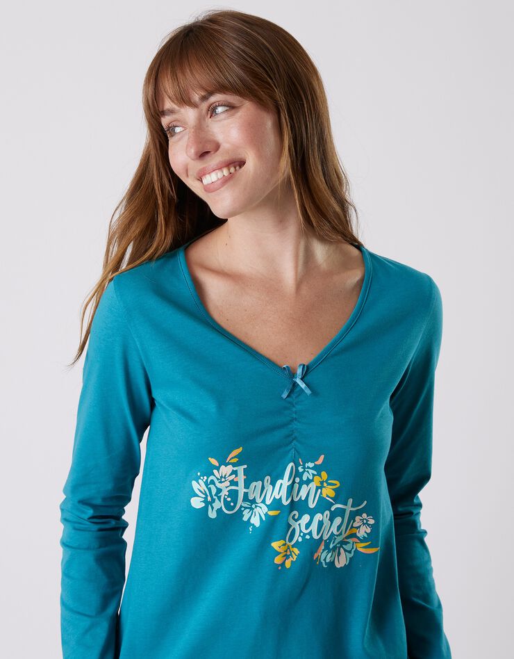 Tee-shirt pyjama manches longues imprimé placé "jardin secret" (émeraude) Tee-shirt pyjama manches longues imprimé placé "jardin secret" (émeraude)