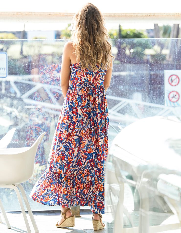 Robe longue à bretelles imprimée (bleu / rouge)