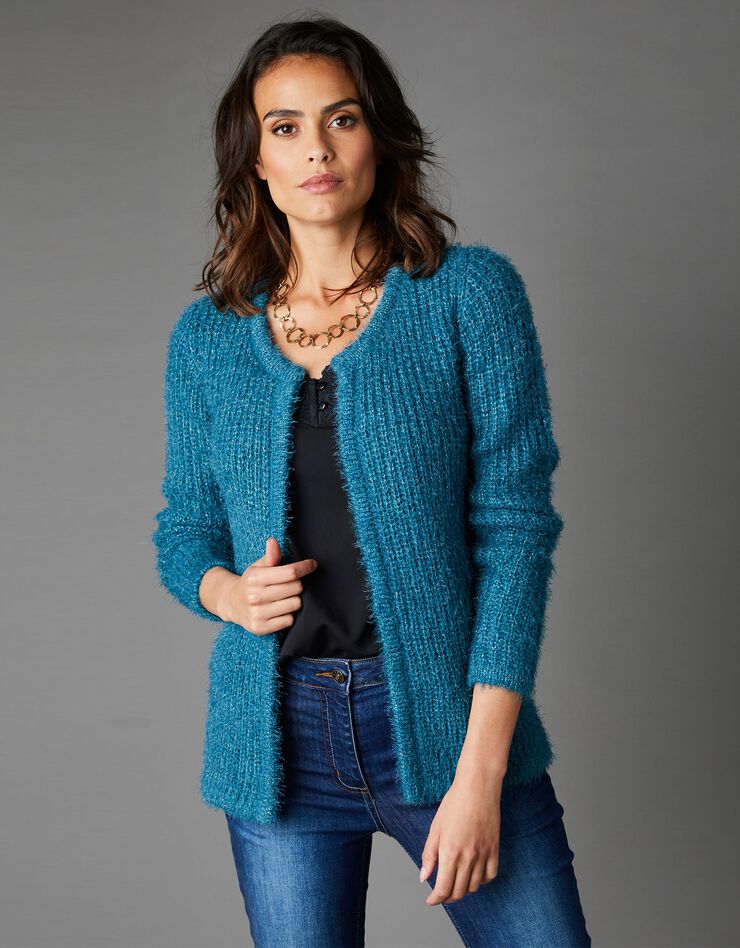 Gilet forme paletot en maille perlée (bleu) Gilet forme paletot en maille perlée (bleu)