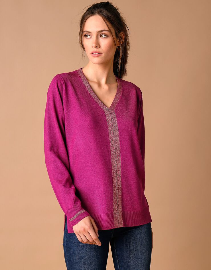 Pull col V toucher cachemire détails brillants (violine) Pull col V toucher cachemire détails brillants (violine)