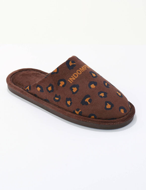 Mules &agrave; message, motif l&eacute;opard. (chocolat)