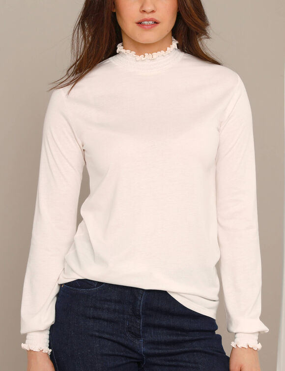 T-shirt col montant manches smock&eacute;es (&eacute;cru)