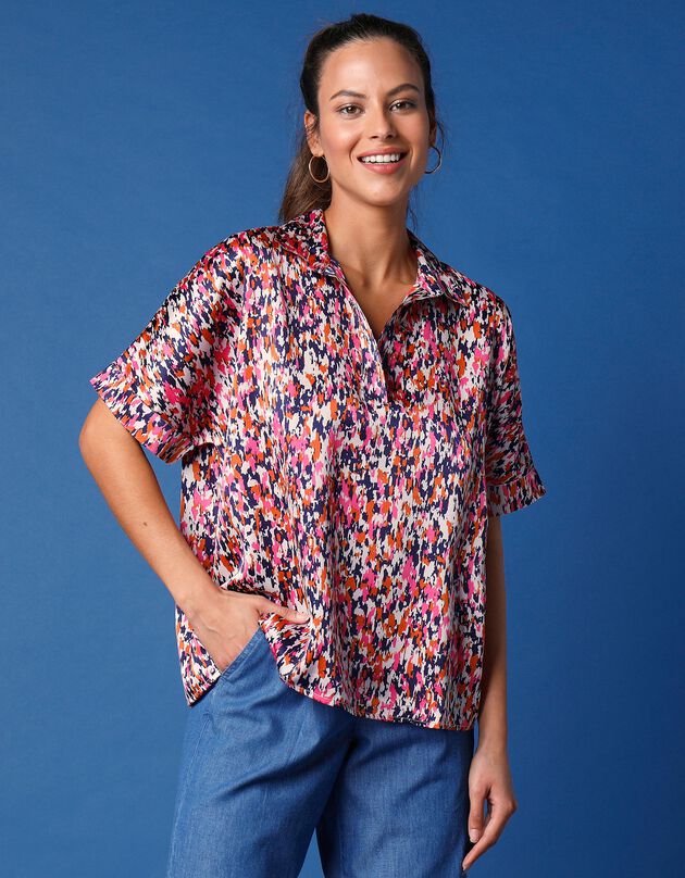 Blouse satin col V  (écru / rose)