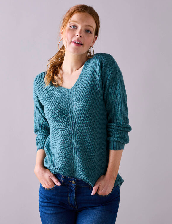 Pull col V, maille anglaise toucher doux (vert sauge)