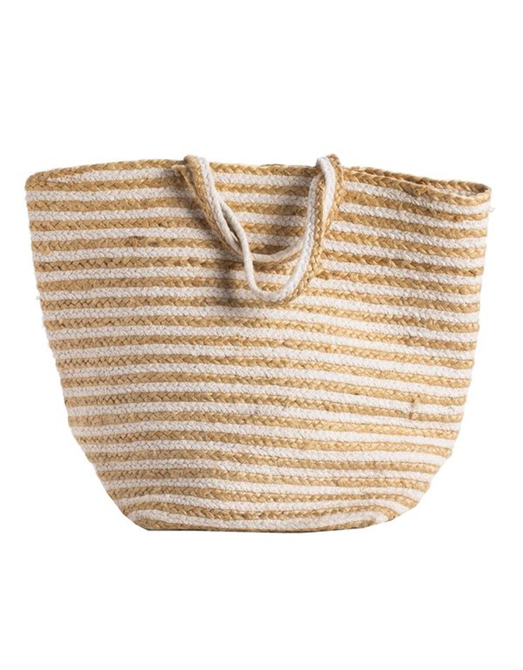Panier rayé jute véritable et corde tressée (blanc)
