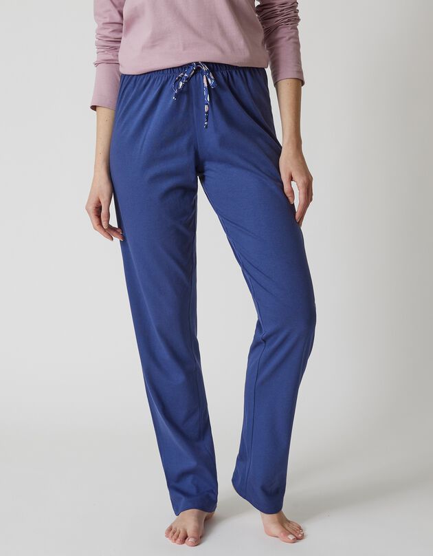 Pantalon pyjama coton uni avec noeud imprimé floral (marine)