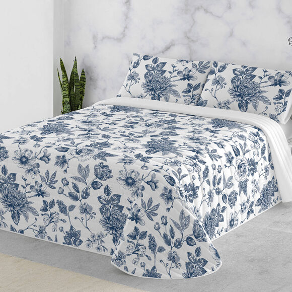 Couvre-lit matelassé imprimé Mona (blanc / bleu)