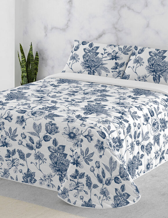 Couvre-lit matelassé imprimé Mona (blanc / bleu)