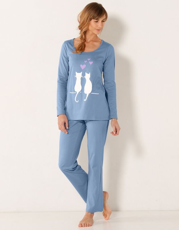 Pyjama manches longues imprimé couple chats (bleu)