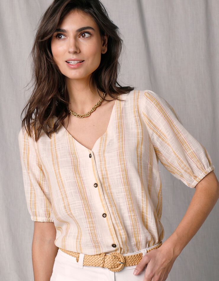 Blouse boutonnée rayée manches aux coudes (blanc cassé / jaune) Blouse boutonnée rayée manches aux coudes (blanc cassé / jaune)