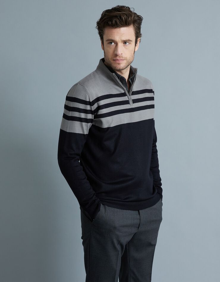Pull rayé col montant zippé toucher cachemire (noir / gris chiné) Pull rayé col montant zippé toucher cachemire (noir / gris chiné)