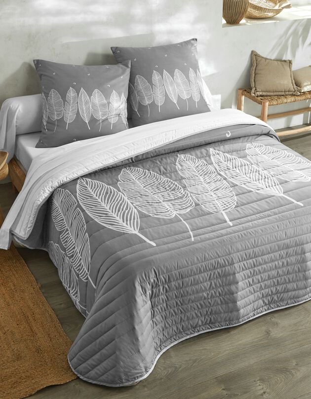 Couvre-lit matelassé microfibre imprimé feuilles (gris)