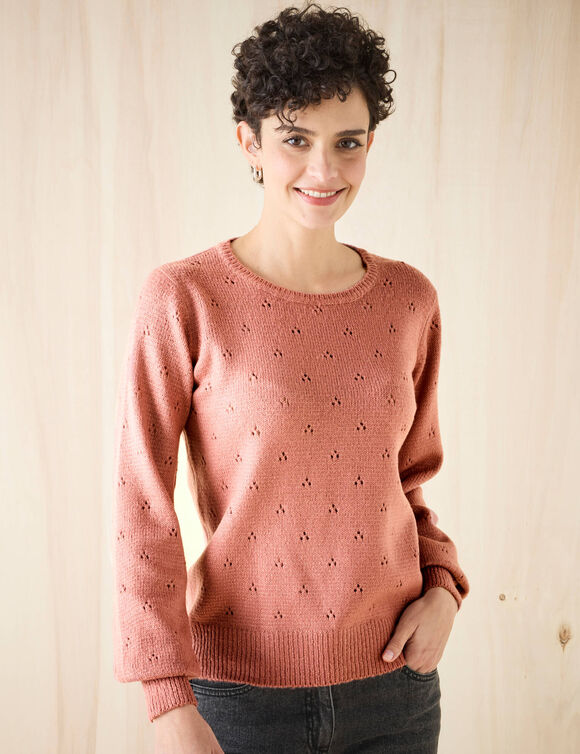 Pull col rond, maille pointelle toucher doux (bois de rose)