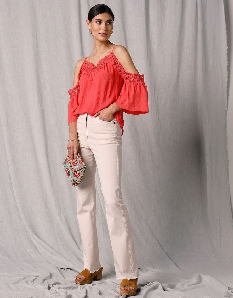 Blouse crépon et macramé épaules dénudées (corail) Blouse crépon et macramé épaules dénudées (corail)