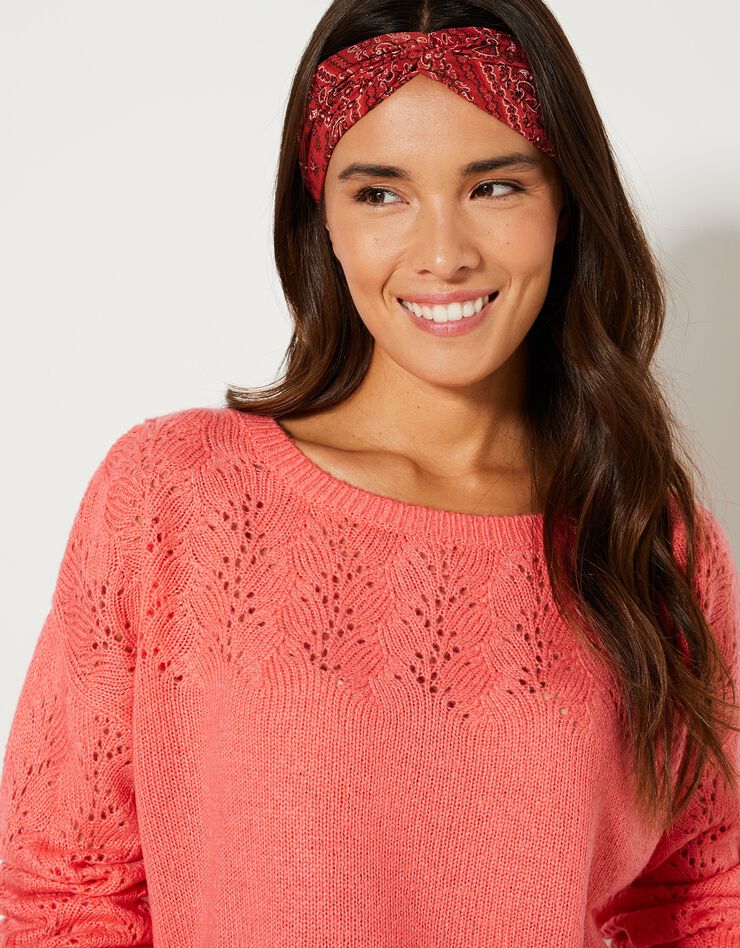 Pull manches longues blousantes, maille ajourée toucher mohair (corail) Pull manches longues blousantes, maille ajourée toucher mohair (corail)