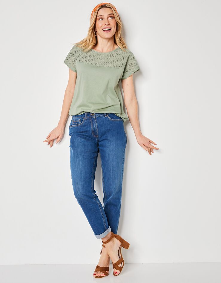 Tee-shirt broderie anglaise manches courtes (vert grisé) Tee-shirt broderie anglaise manches courtes (vert grisé)