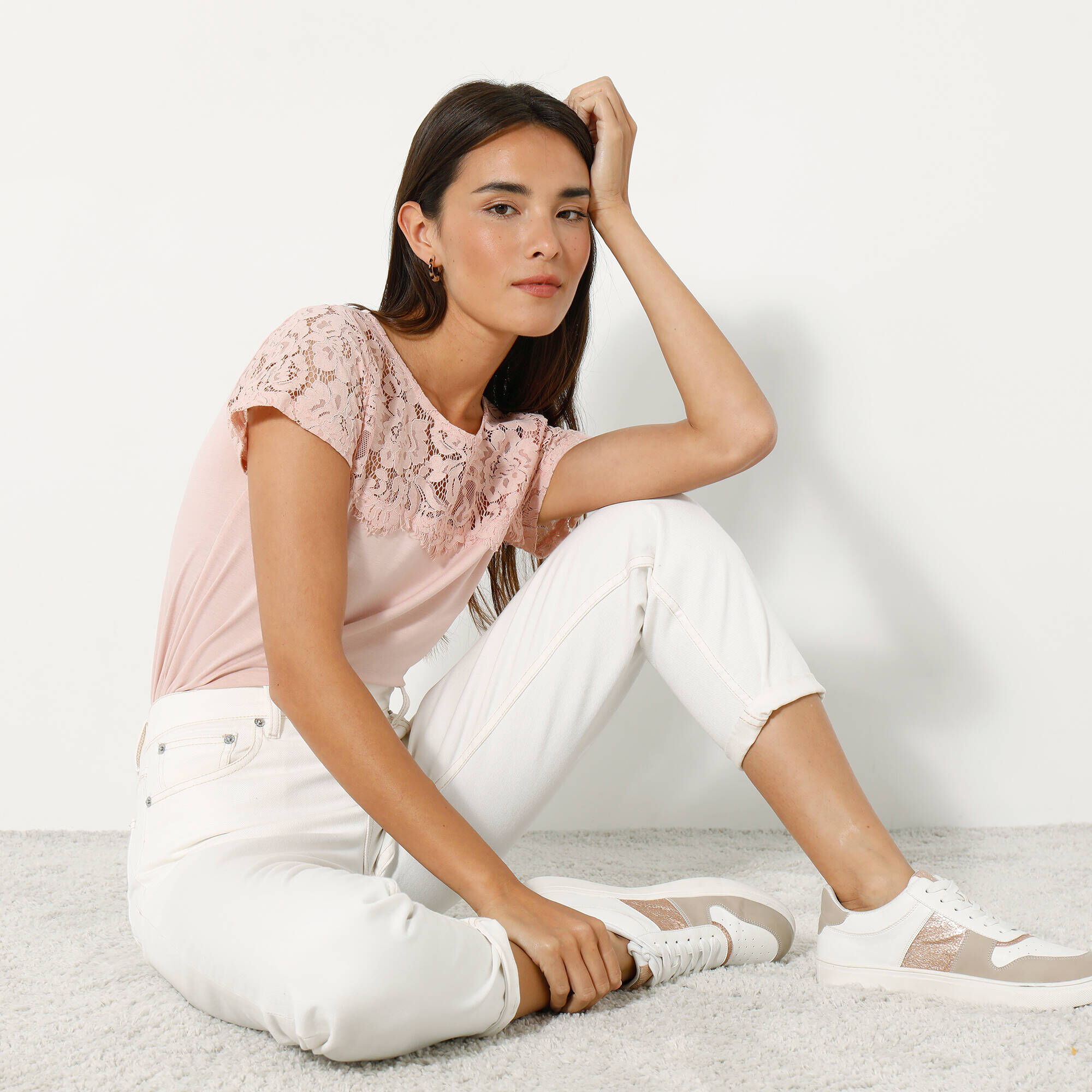 Haut La Redoute Rose Pâle - Manches Courtes Avec Dentelle Blanche, Taille 44 Neuve Avec étiquette