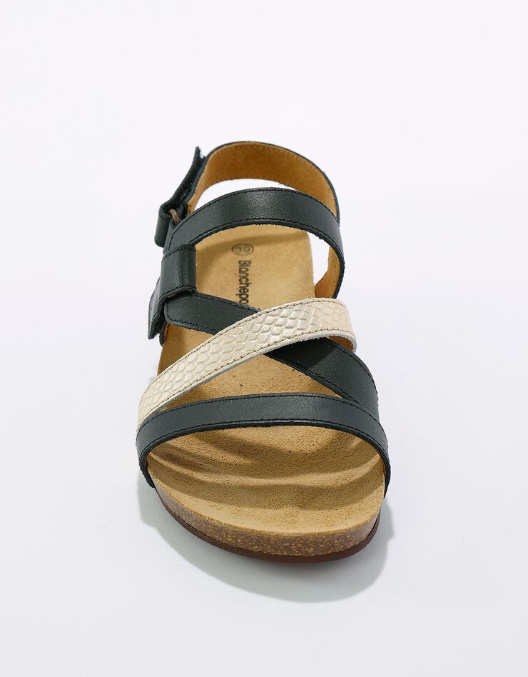 Sandales cuir scratchées compensées effet bois à semelle liège (noir)