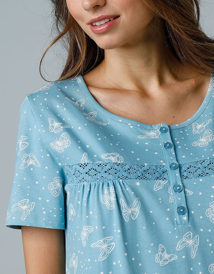 Chemise de nuit longue manches courtes imprimée "papillons" (bleu grisé)