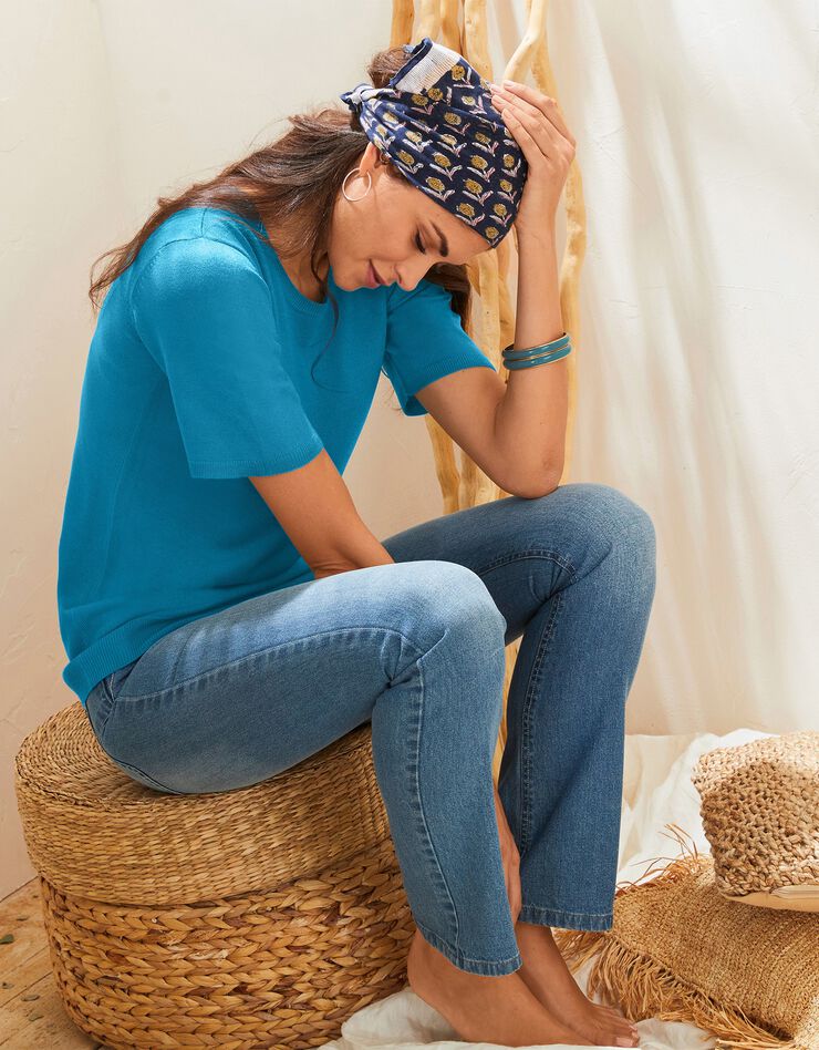 Pull uni manches courtes toucher cachemire (bleu prusse) Pull uni manches courtes toucher cachemire (bleu prusse)