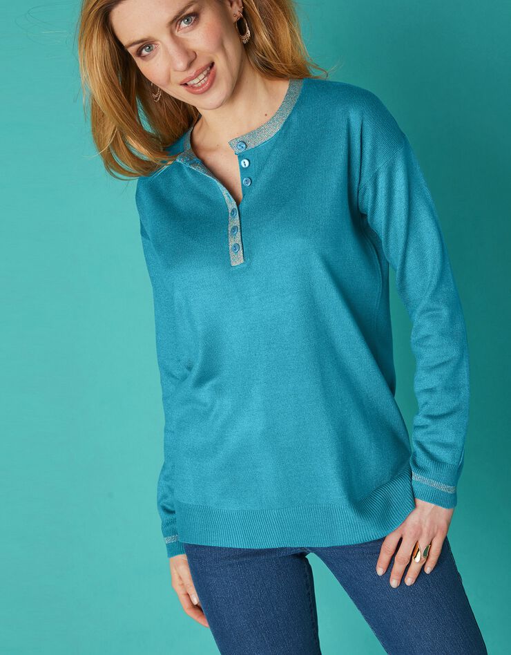 Pull col tunisien toucher cachemire détails brillants (bleu glacier) Pull col tunisien toucher cachemire détails brillants (bleu glacier)