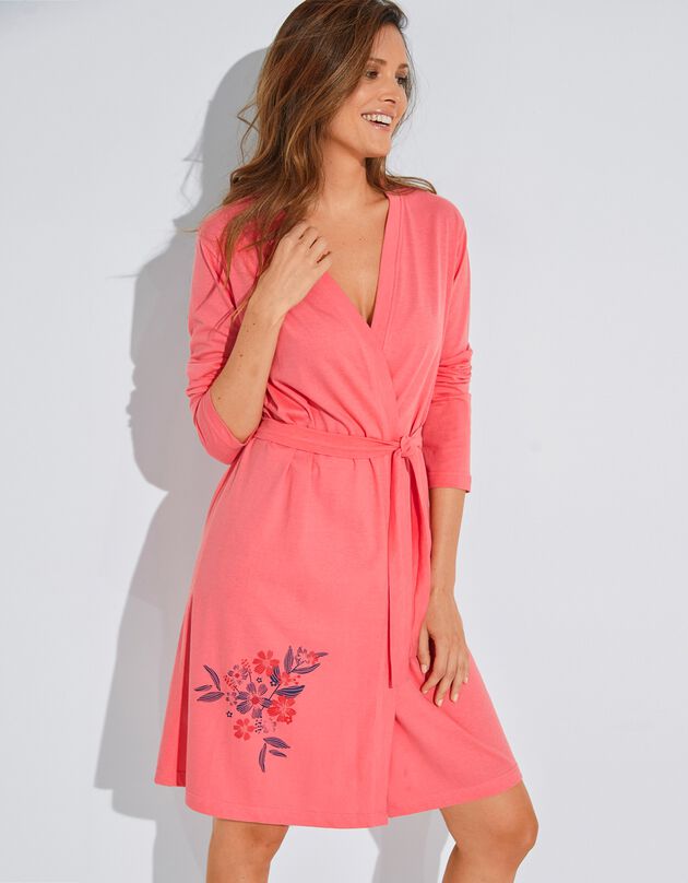 Peignoir coton imprimé placé "bouquet (corail)