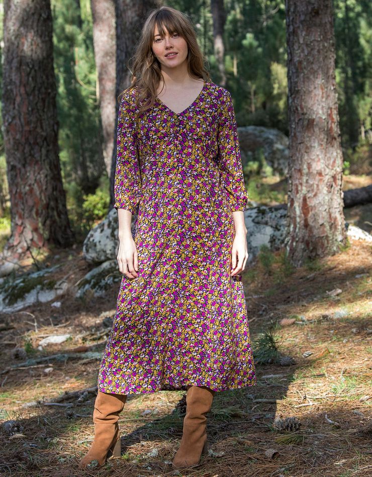 Robe manches 3/4 imprimé fleuri (noir / violine)
