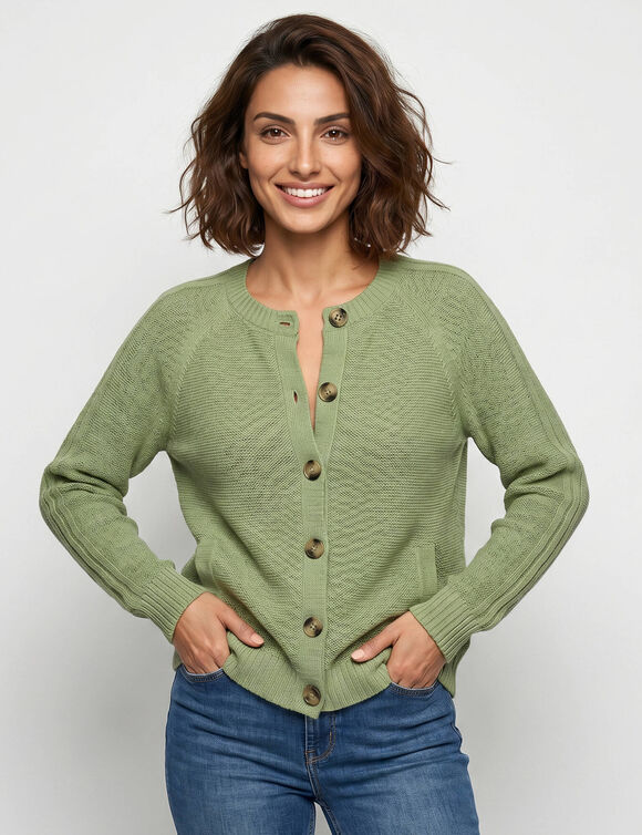 Cardigan boutonn&eacute; maille fantaisie (tilleul)
